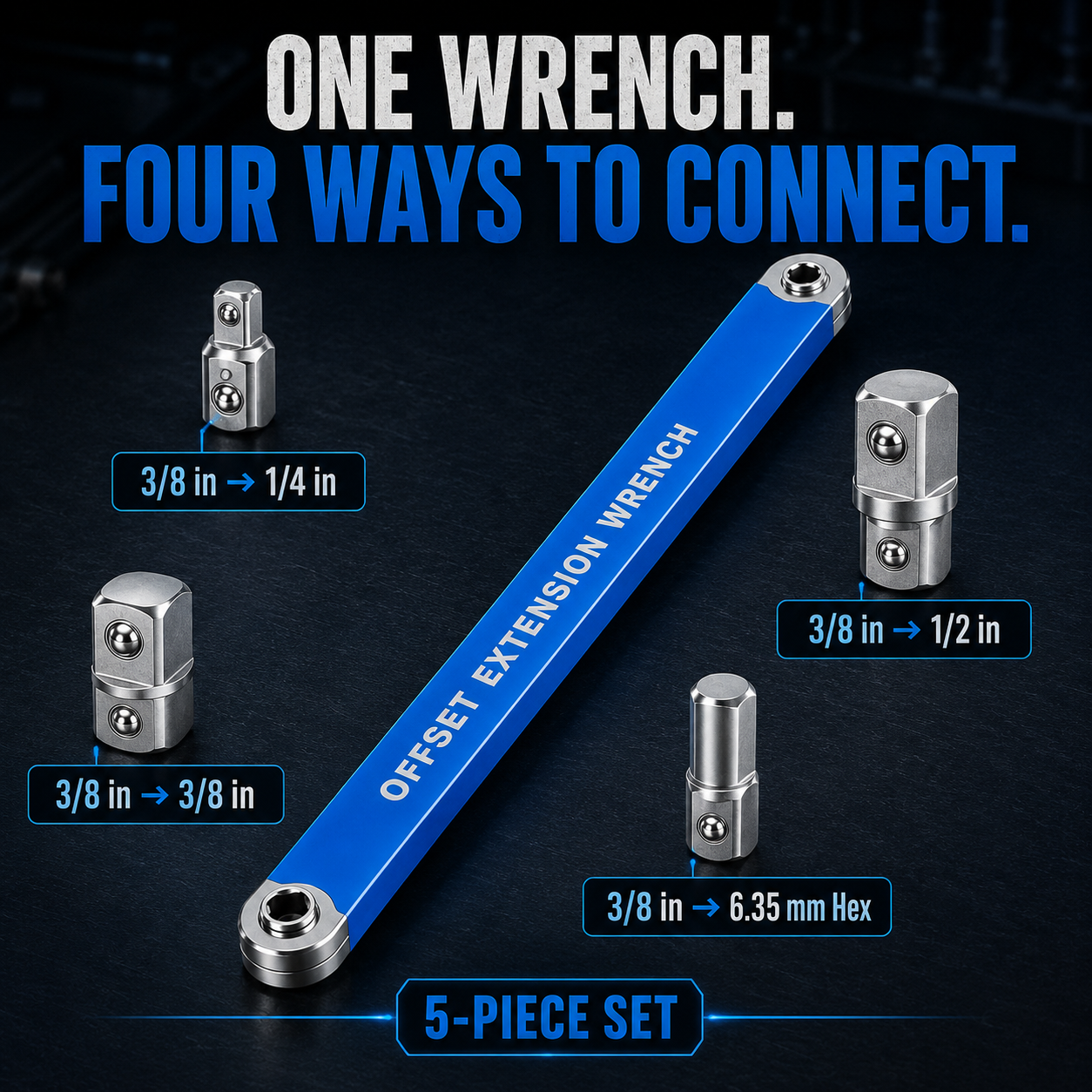 🔧 5-Piece 3/8" Offset Extension Wrench Set – Tight-Space Ratchet Access Tool