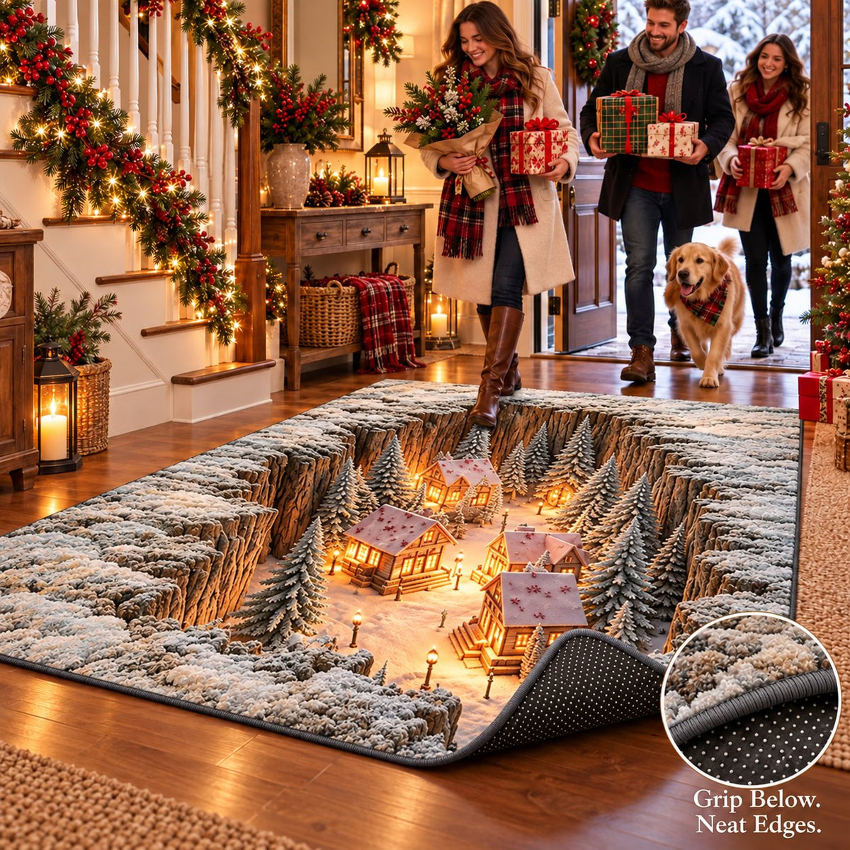 🎄 Optical Illusion Christmas Village Rug – Hidden Winter Scene Floor Decor ✨