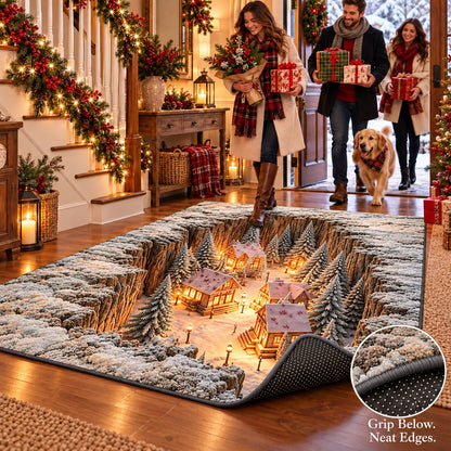 🎄 Optical Illusion Christmas Village Rug – Hidden Winter Scene Floor Decor ✨