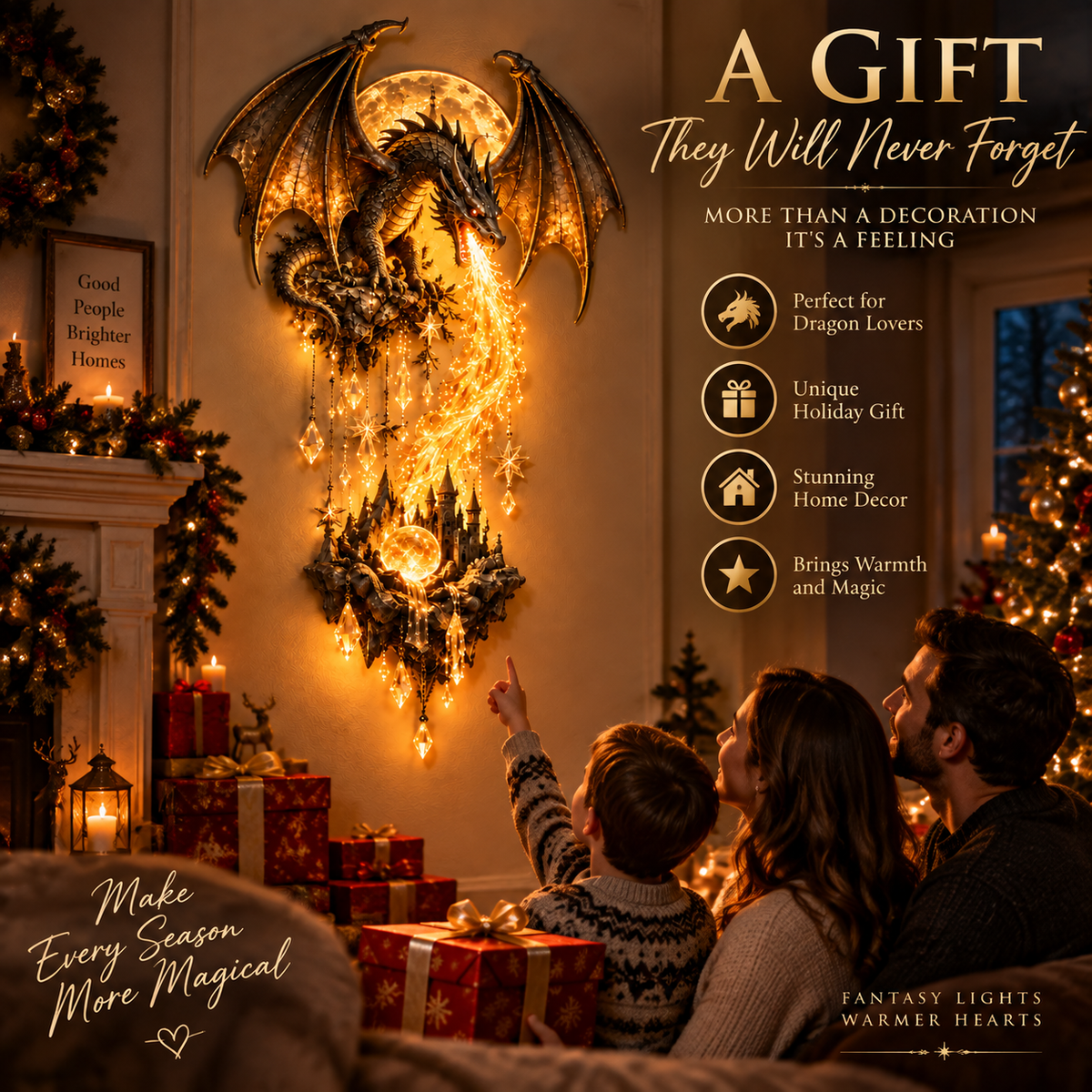 Dragonfire Moonlight Wall Lamp presented as a fantasy gift for dragon lovers