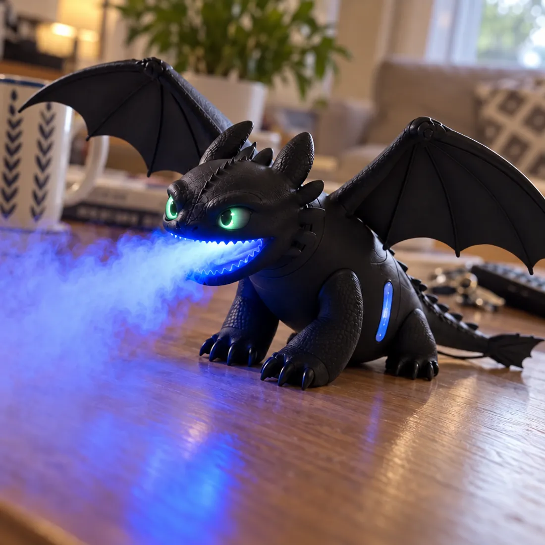 Dragon diffuser producing illuminated blue mist