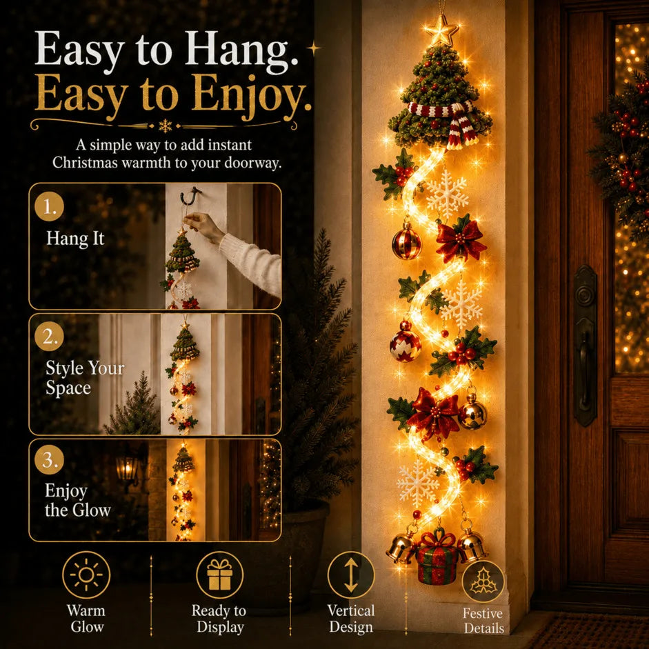 ⏳ Last Day 49% OFF – 🎄MerryCascade™ Glowing Christmas Door Hanger | 6 Festive Lighted Designs with Warm Glow, Dimensional Details & Space-Saving Vertical Décor ✨