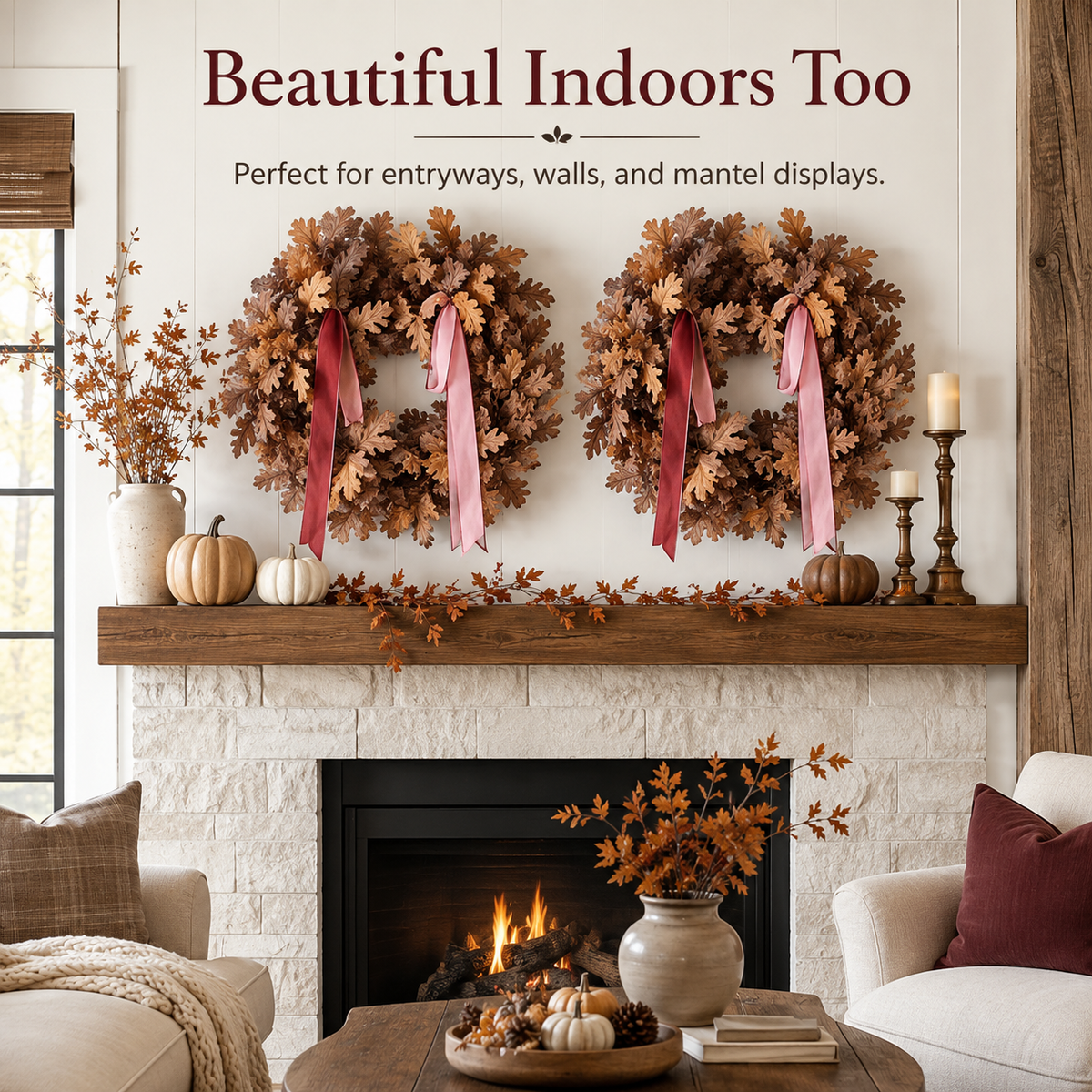 🍂 Set of 2 Autumn Leaf Wreaths With Ribbon – Matching Fall Door & Home Decor