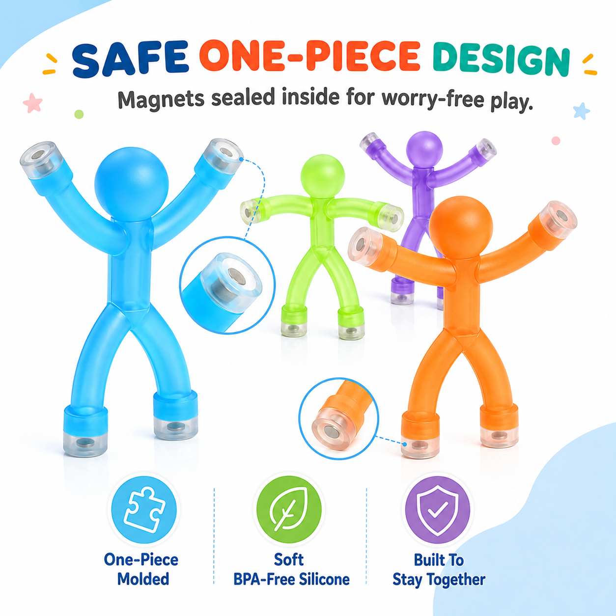 Magnetic bendy figures with magnets sealed inside hands and feet