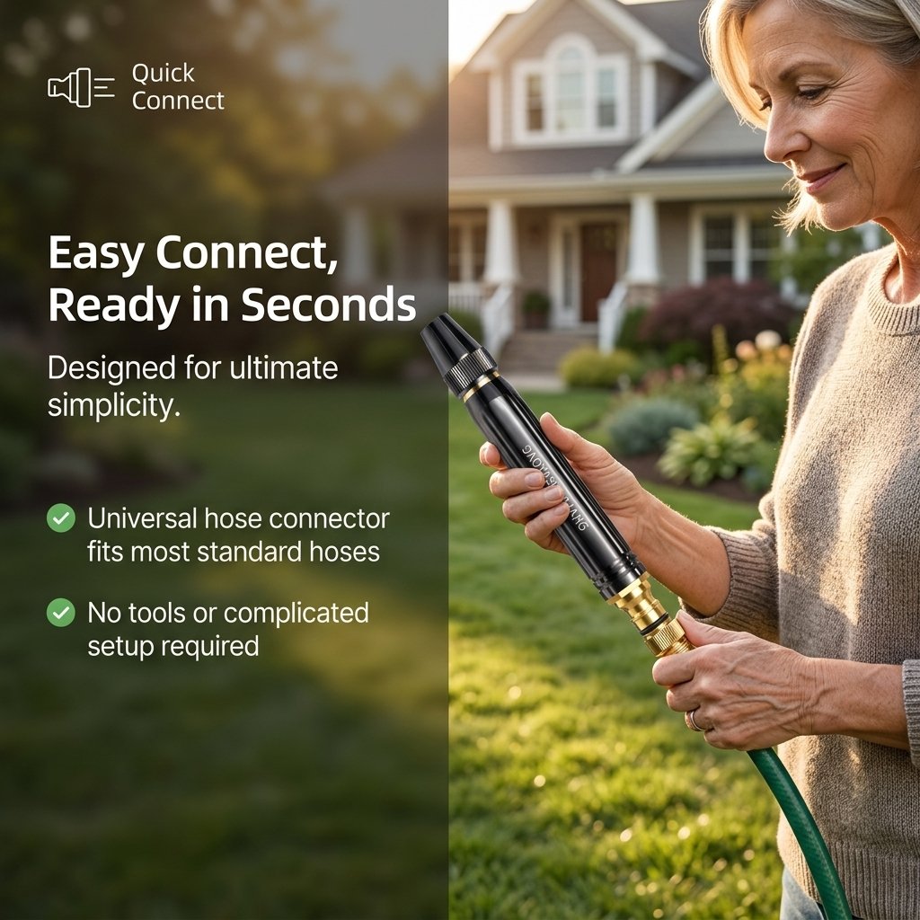Woman connecting the compact water spray gun to a garden hose