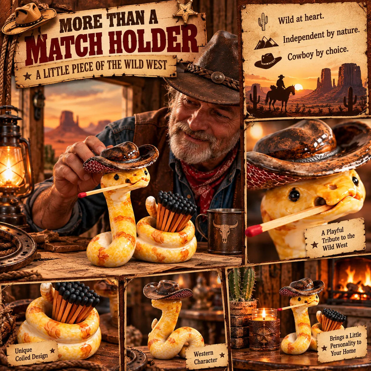 🤠 Funny Cowboy Rattlesnake Match Holder – Rustic Western Décor & Unique Gift