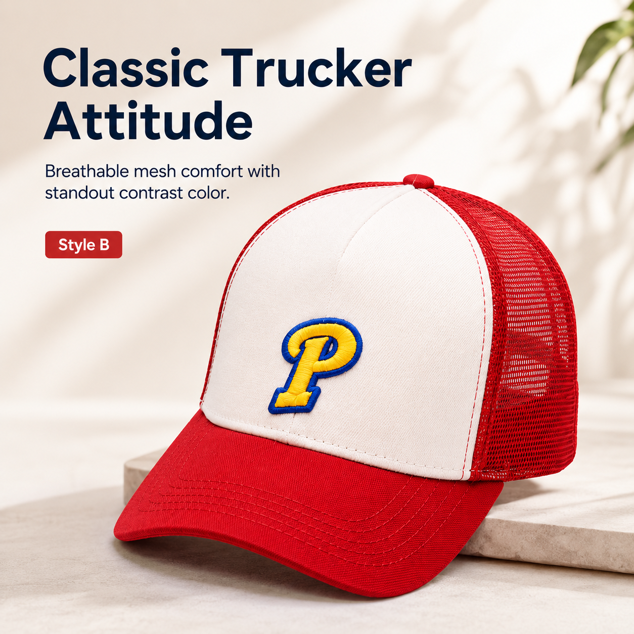 🧢 Embroidered Streetwear Cap – Blue Flat-Brim & Red Mesh-Back Trucker Style