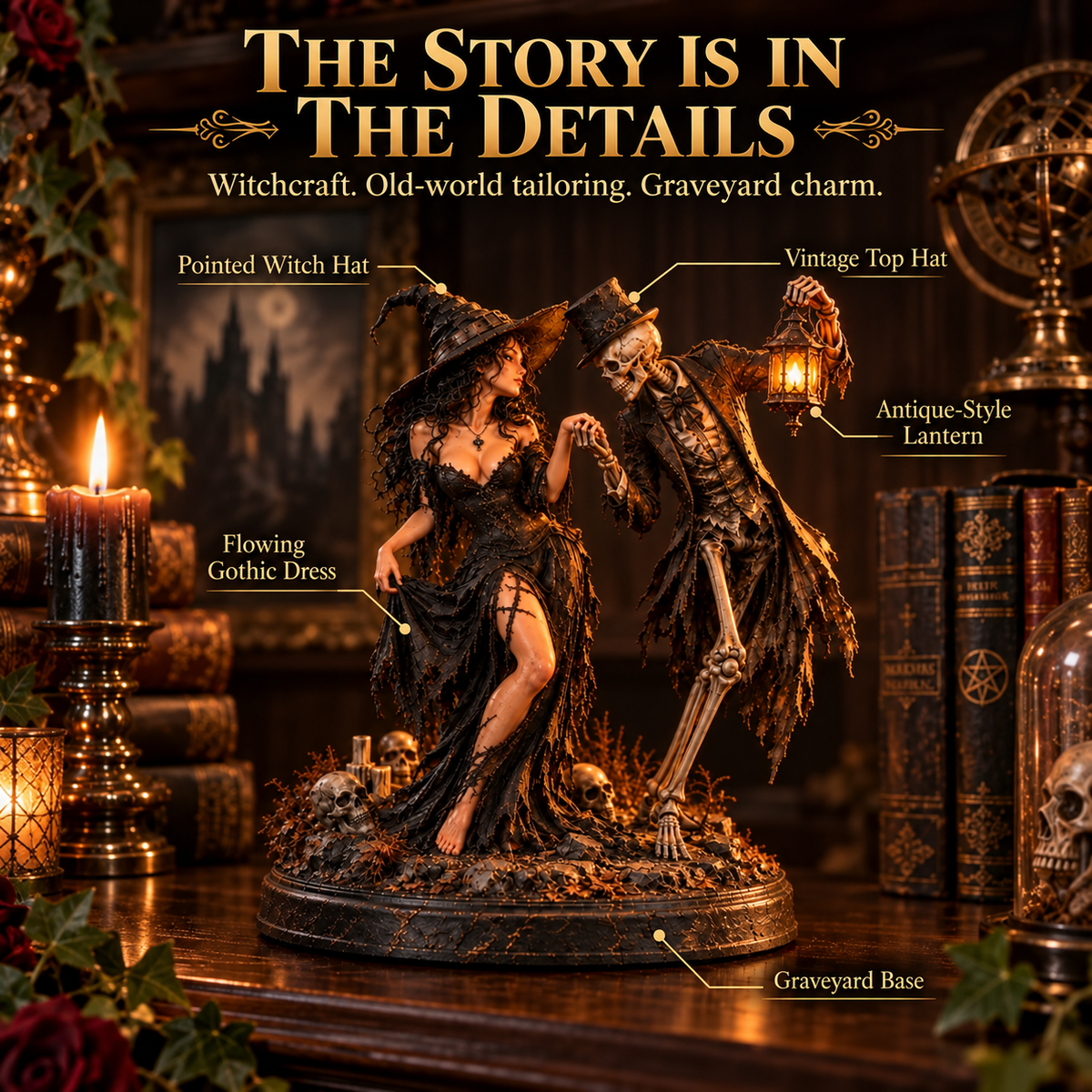 🖤 Till Death Do Us Part Gothic Couple Figurine | Witch & Skeleton Dark Romance Décor