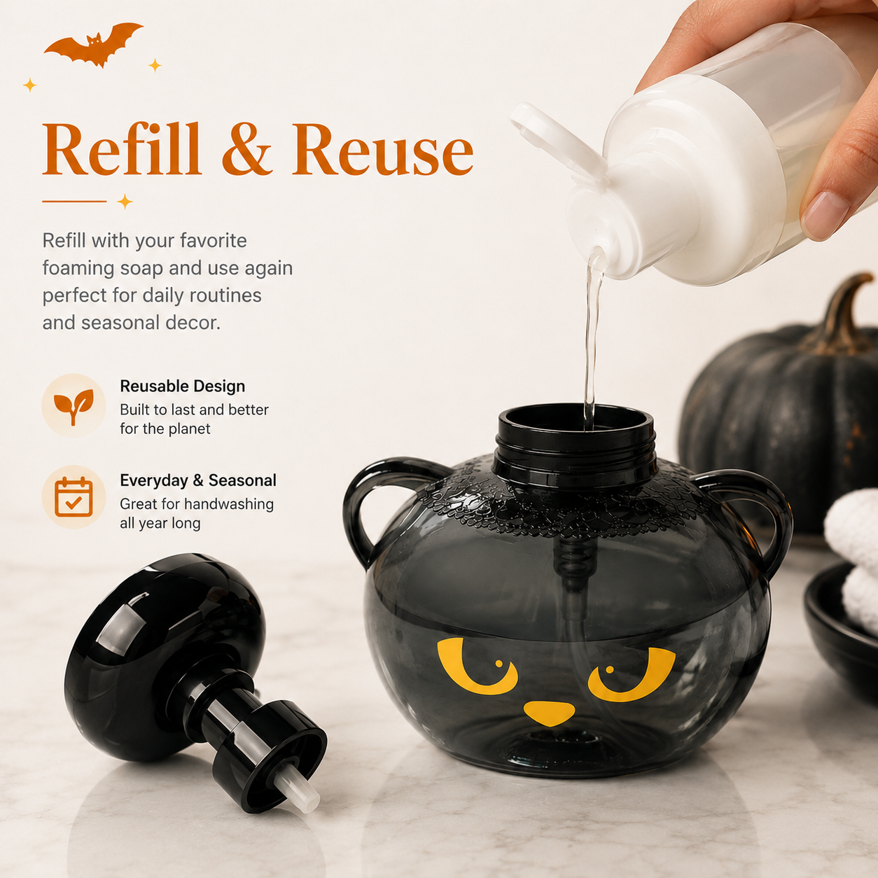Refilling reusable spooky cat foaming soap dispenser