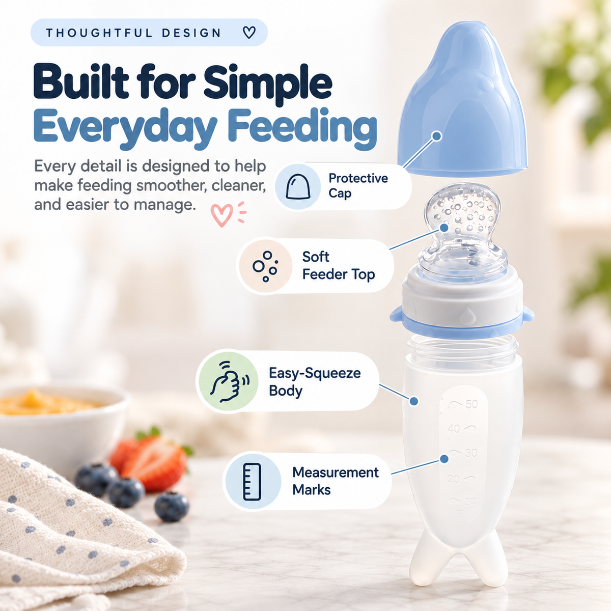 👶💕Soft Squeeze Baby Food Feeder – Refillable Puree Bottle with Protective Cap