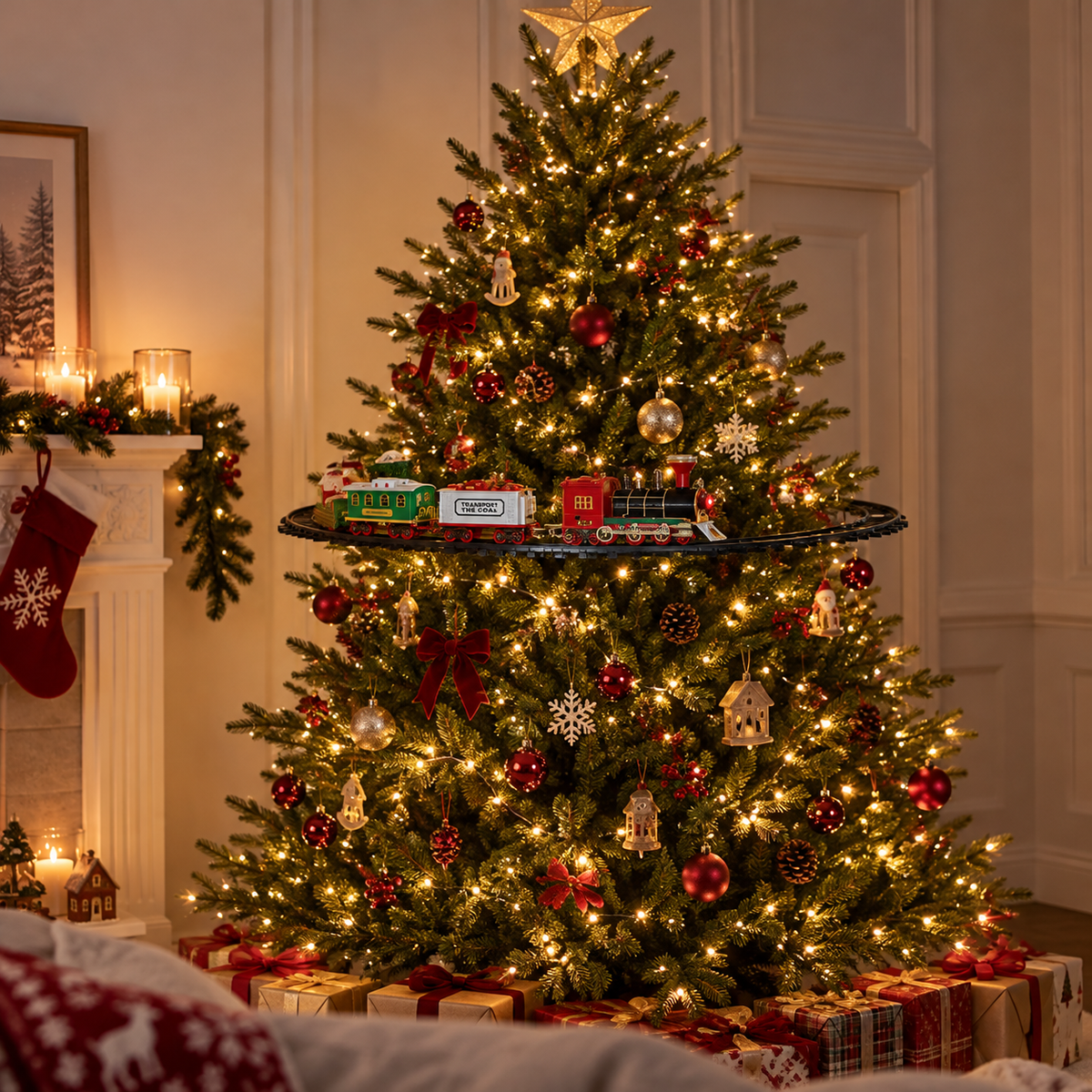Christmas tree with festive train display