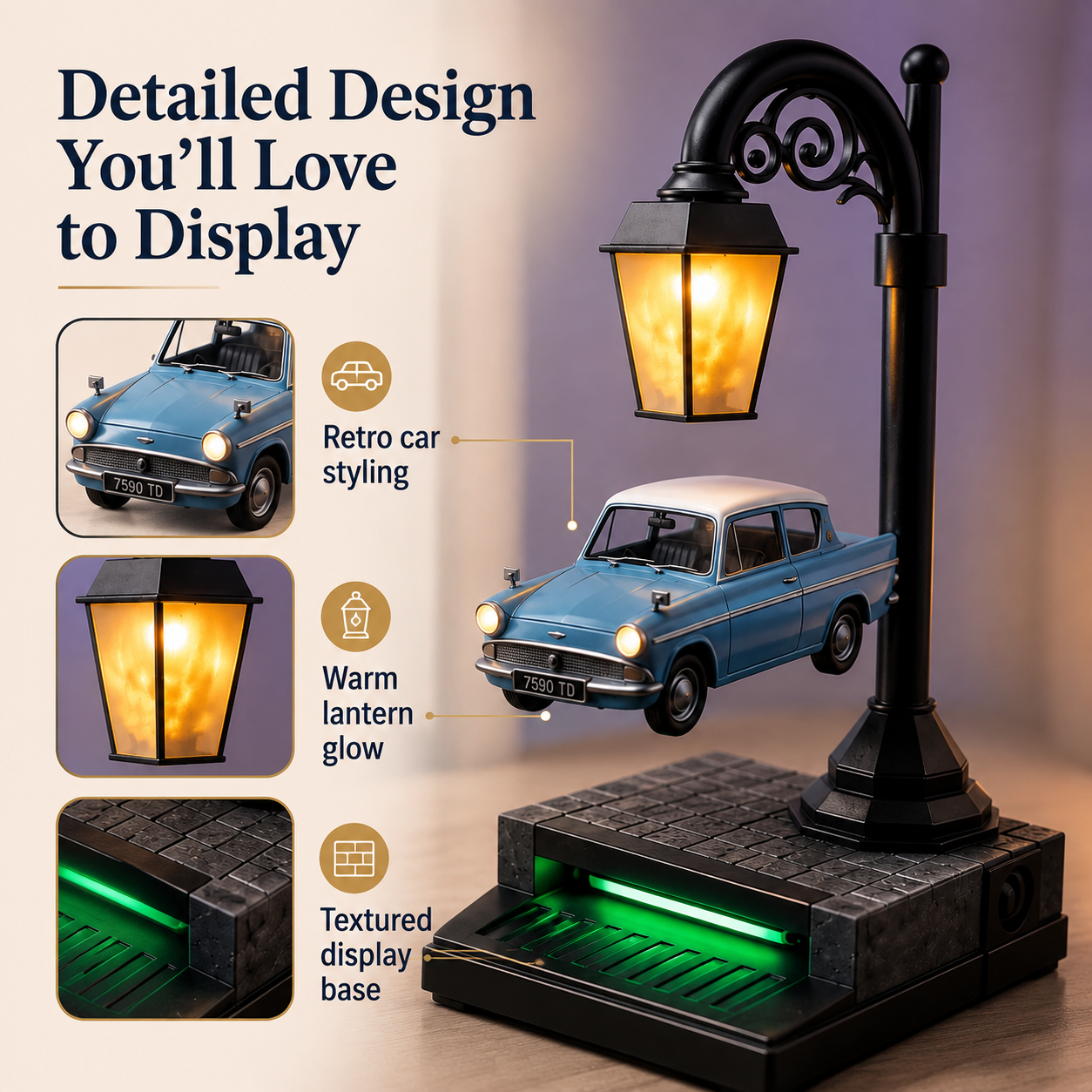 🚗✨ Floating-Look Retro Car Streetlamp Display – Warm Light Collector Desk Decor