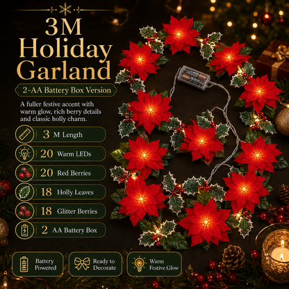 Lighted Christmas Poinsettia Garland with 10 or 20 Warm LEDs – Battery Powered Holiday Floral Decor