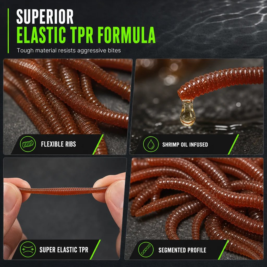 🎣Simulation Earthworm Soft Fishing Lures Shrimp Scented Artificial Worm Baits for Freshwater and Saltwater Pack of 50 or 100
