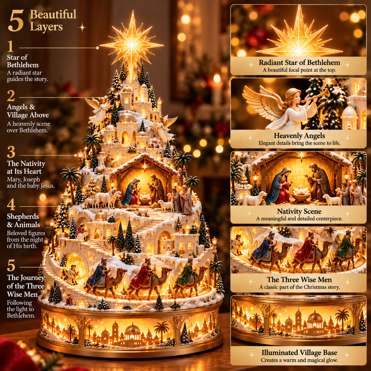 Multi-level Nativity village showing its layered design