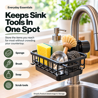 🧽✨Faucet-Mounted Kitchen Sink Organizer – Adjustable No-Drill Sponge & Brush Holder with Removable Drip Tray, Space-Saving Storage Caddy