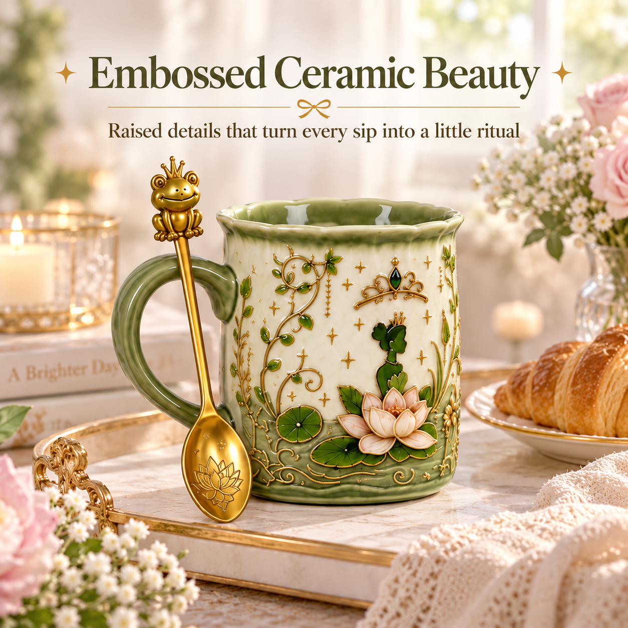 ✨ Enchanted Storybook Embossed Ceramic Mug – Matching Decorative Spoon & 5 Collectible Styles