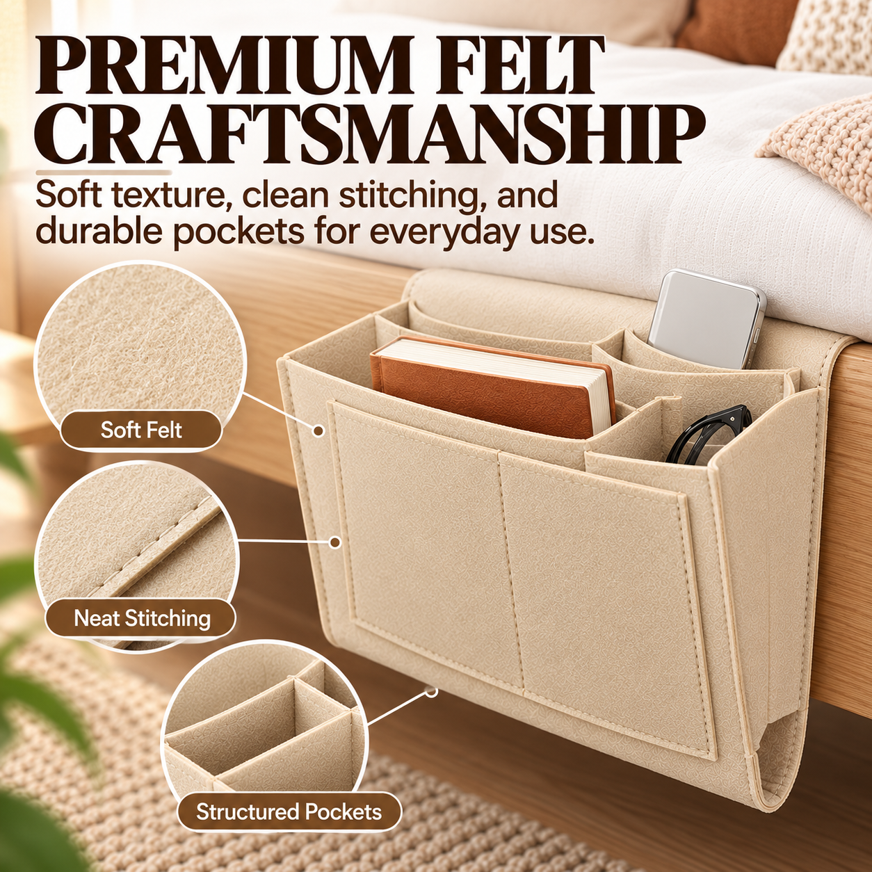 🛏️ Bedside Hanging Organizer — Multi-Pocket Storage for Bed & Sofa