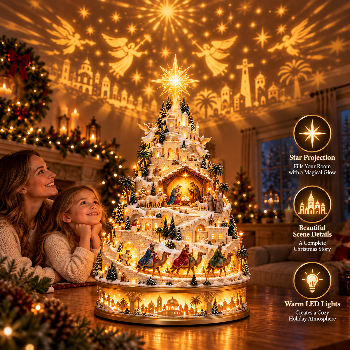 Illuminated Bethlehem village creating a warm Christmas atmosphere