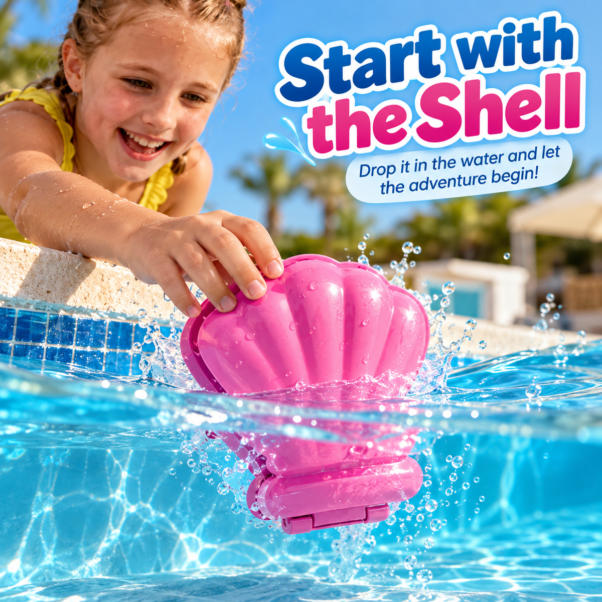 Closed pink mermaid shell being dropped into a swimming pool