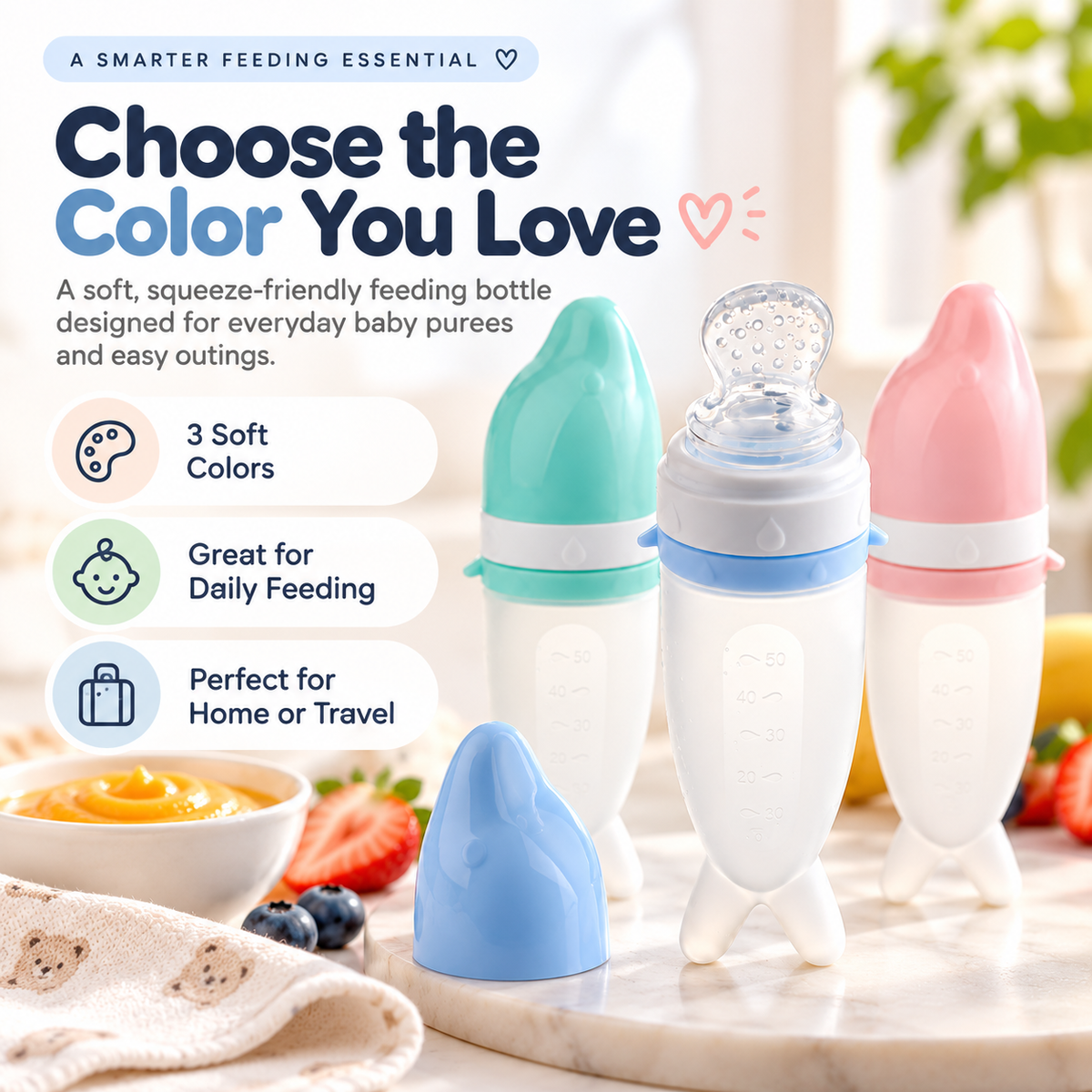 👶💕Soft Squeeze Baby Food Feeder – Refillable Puree Bottle with Protective Cap