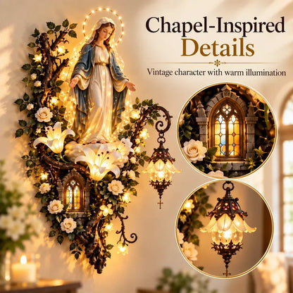 🕊️ Illuminated Virgin Mary Floral Wall Decor – Light-Up Marian Faith Wall Art
