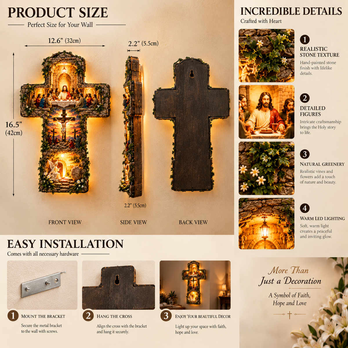✝️ He Is Risen – 3-Scene LED Wall Cross Lamp | Last Supper, Crucifixion & Resurrection
