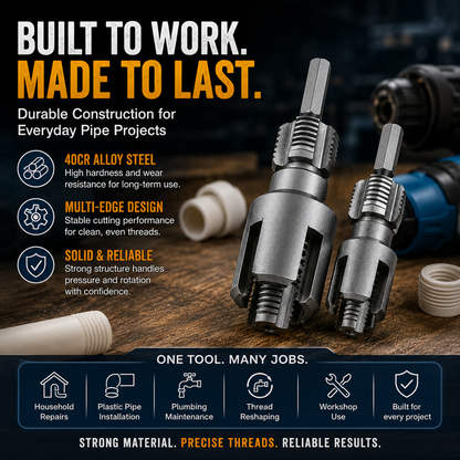 Drill-Powered Pipe Thread Cutting Bit — Internal & External Threading for 1/2' & 3/4' Plastic Pipes