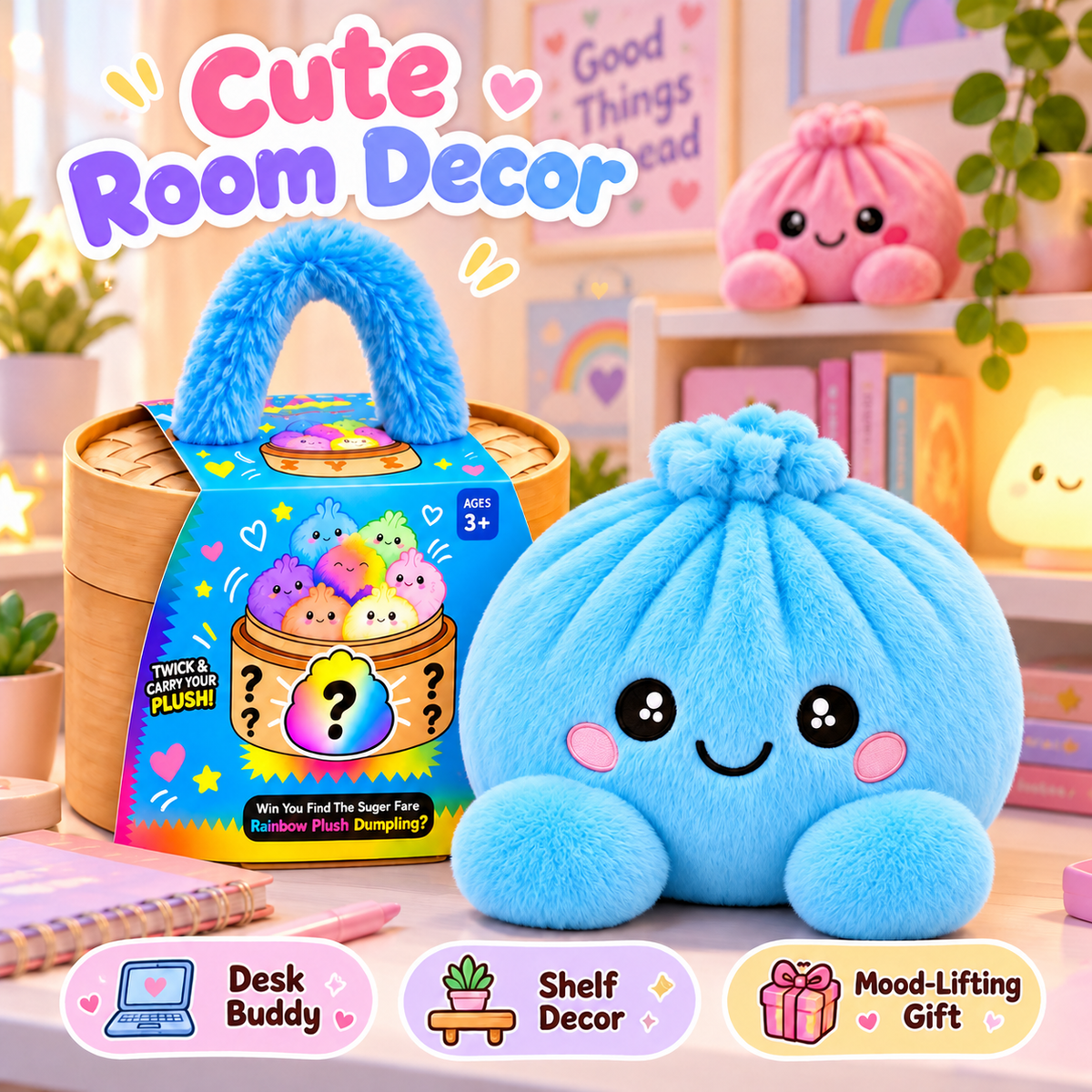 Rainbow Dumpling Plush Squishy with Bamboo-Style Steamer Basket – 8 Adorable Colors, Cute Stuffed Toy & Gift