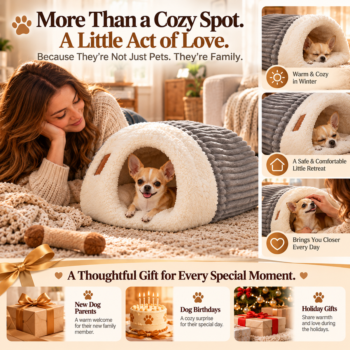 🐾 Cozy Cave Dog Bed – Plush Sherpa Hideaway with Soft Cushion & Non-Slip Bottom