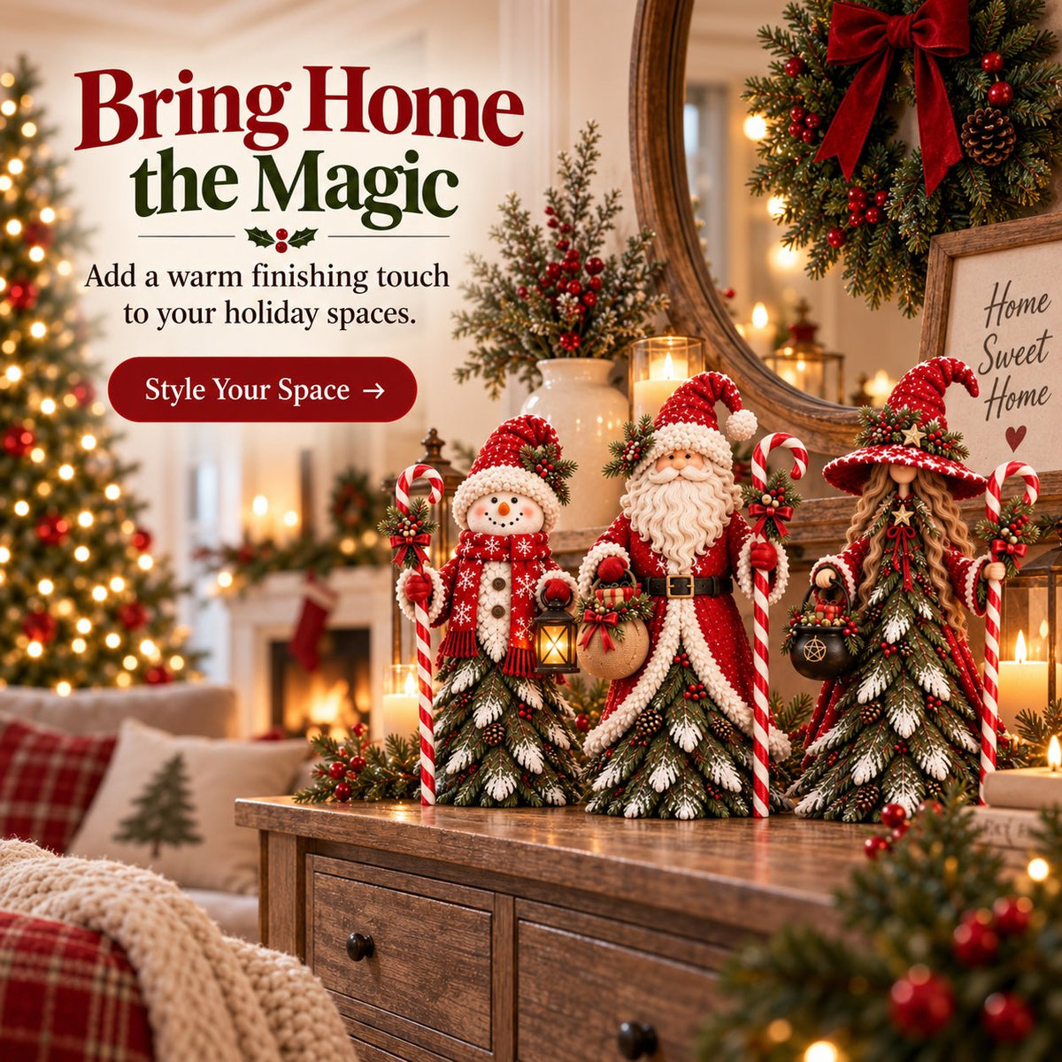 Christmas decorative figure in the shape of a Christmas tree – Santa Claus, snowman & Christmas witch with festive details