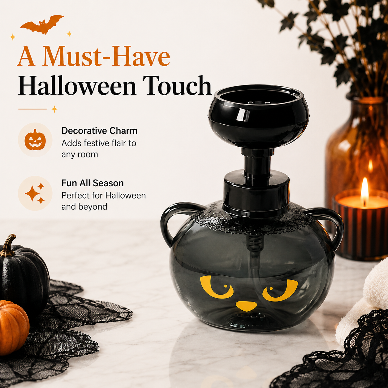 Black cat foam soap dispenser styled with pumpkins lace and candles for Halloween