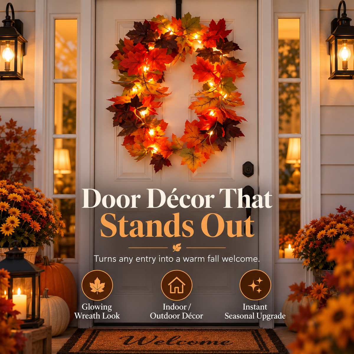 Lighted Maple Leaf Garland – Warm LED Fall Decor for Porch, Door & Mantel