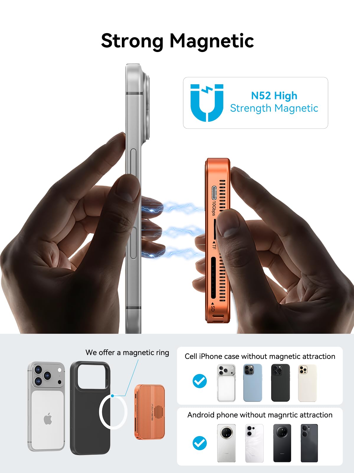 ACASIS 10Gbps Magnetic M.2 NVMe SSD Enclosure & USB C Docking Station with Cooling Fan for iPhone 17/16/15 Pro/Pro Max/Plus