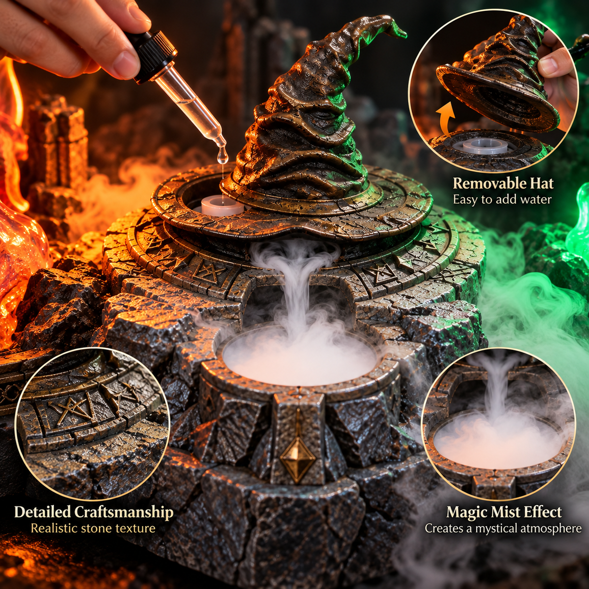 Close-up of removable center hat mist outlet and sculpted stone texture