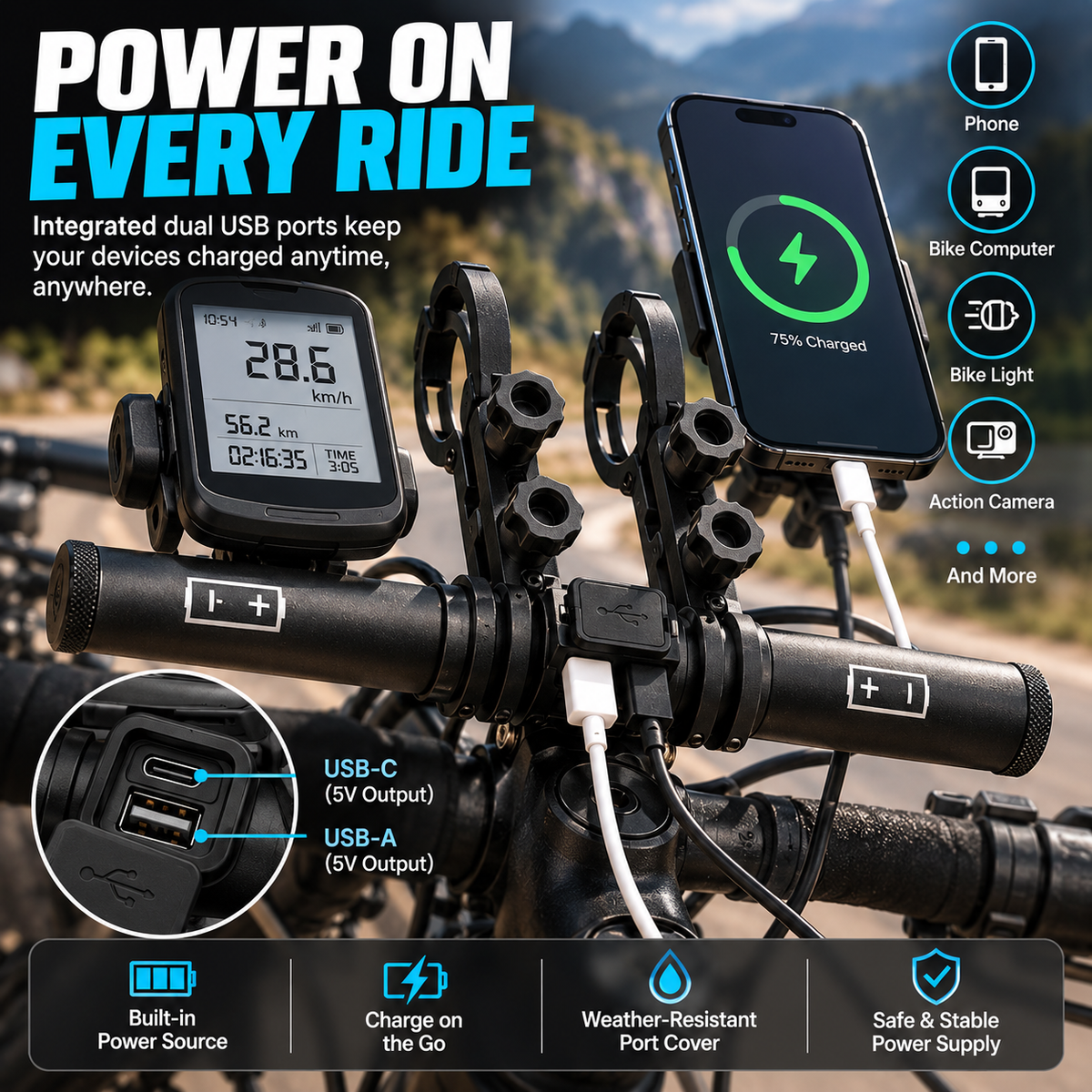 🚴 Powered Bike Handlebar Extender – Extra Mounting Space + USB Charging