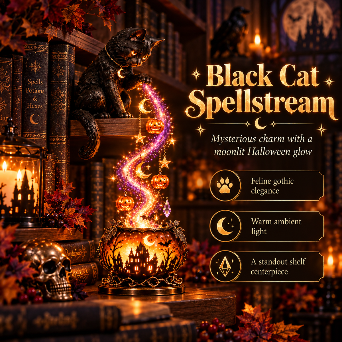 Black Cat Spellstream Halloween shelf light with warm ambient glow