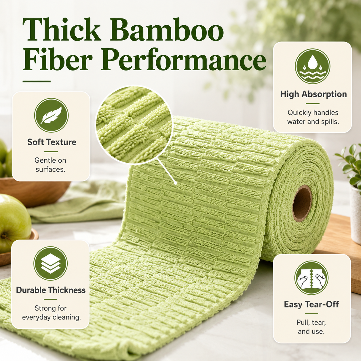 🍃 Bamboo Fiber Cleaning Cloth Roll – Thick Absorbent Tear-Off Kitchen Towels for Grease, Spills & Everyday Cleaning
