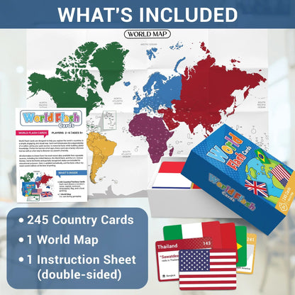 💯🌍245-Piece World Flags Flashcards Set – Fun Geography Learning Game for Kids & Adults with World Map 📚