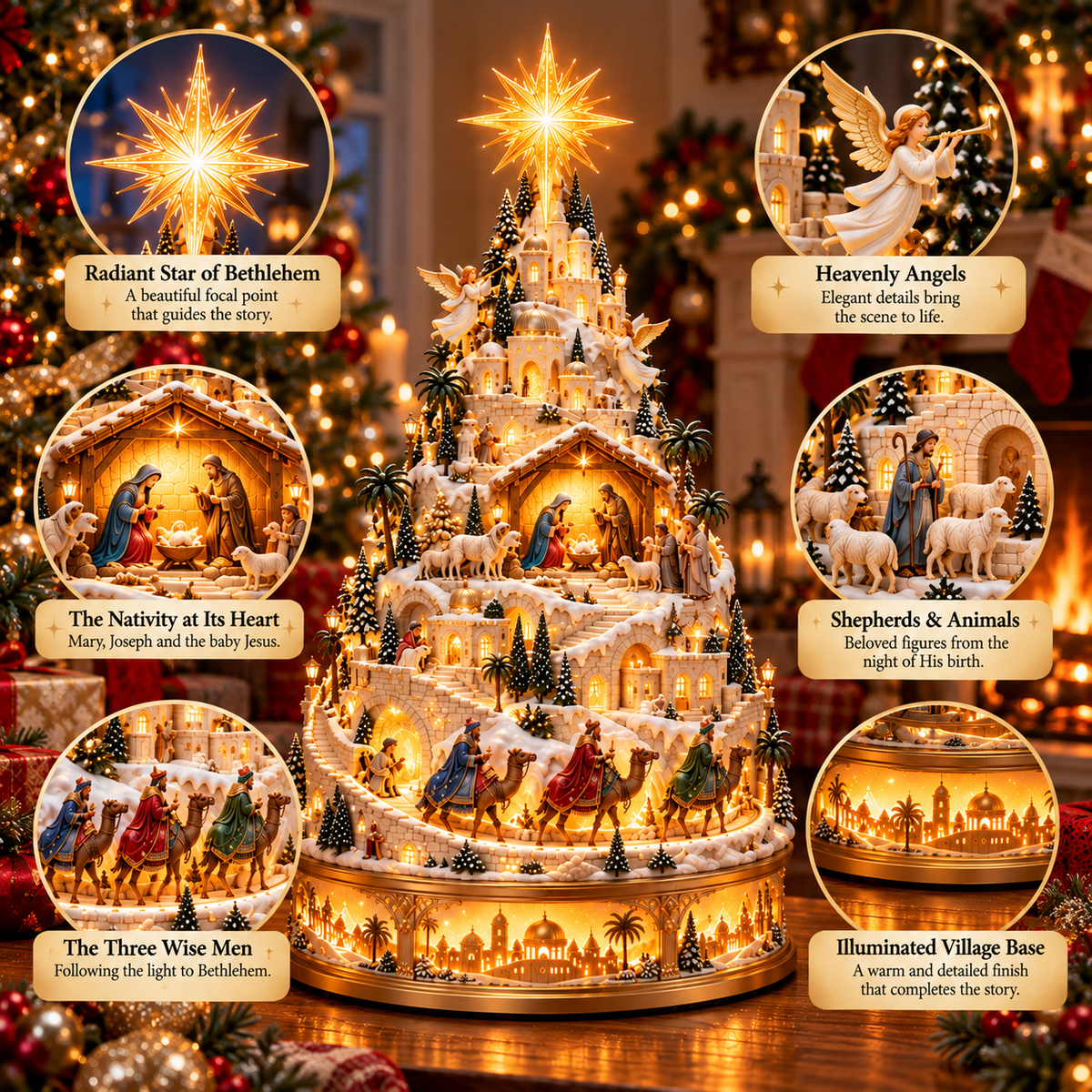 Nativity village featuring Mary Joseph shepherds and Wise Men