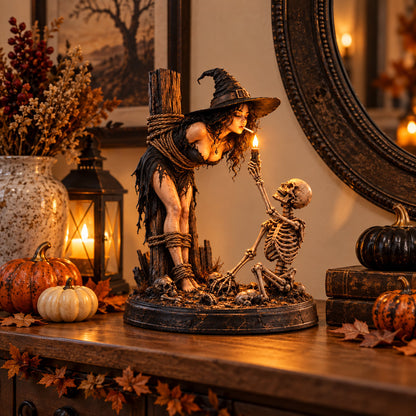 🔥 Witch & Skeleton Light-Up Halloween Figurine – Gothic Tabletop Décor