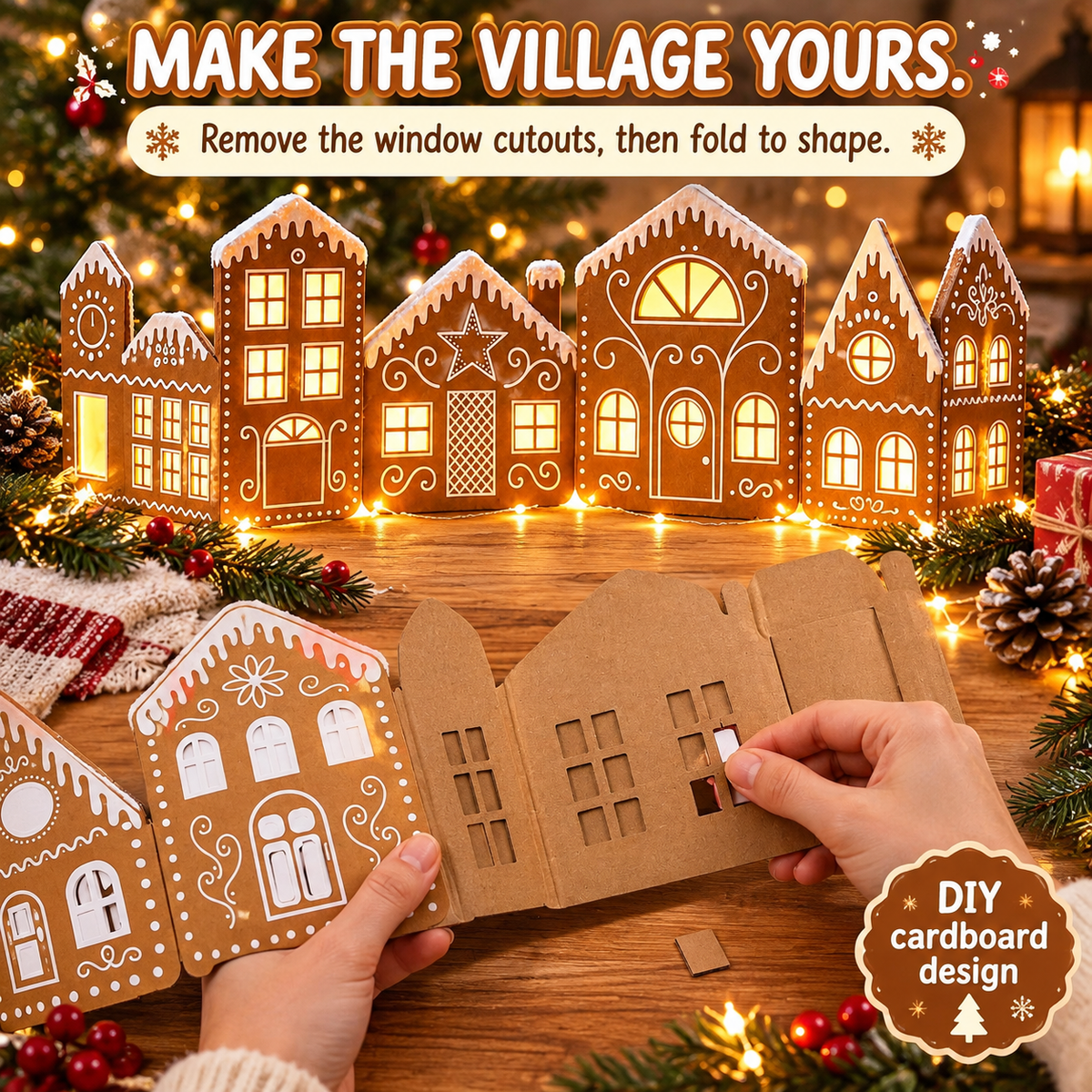 ✨Light Up the Holidays – DIY Gingerbread Village Decor Kit with Warm LED Lights