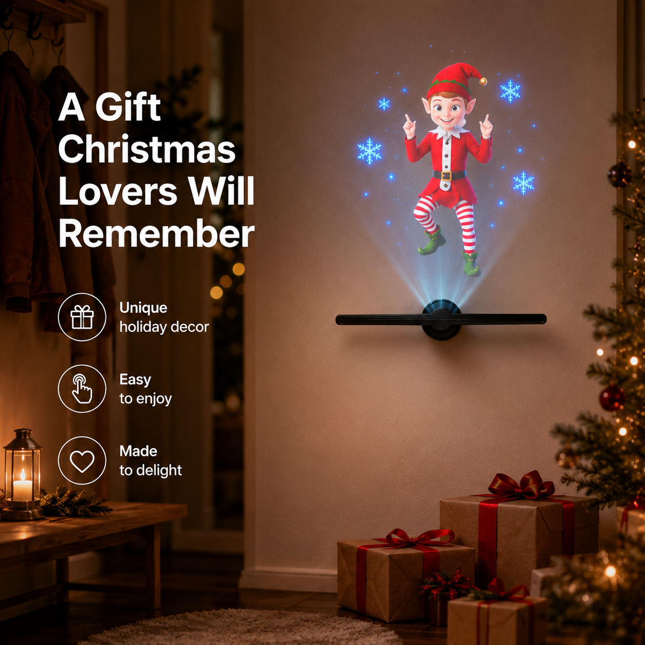 Christmas hologram fan projector displaying elf beside wrapped holiday gifts