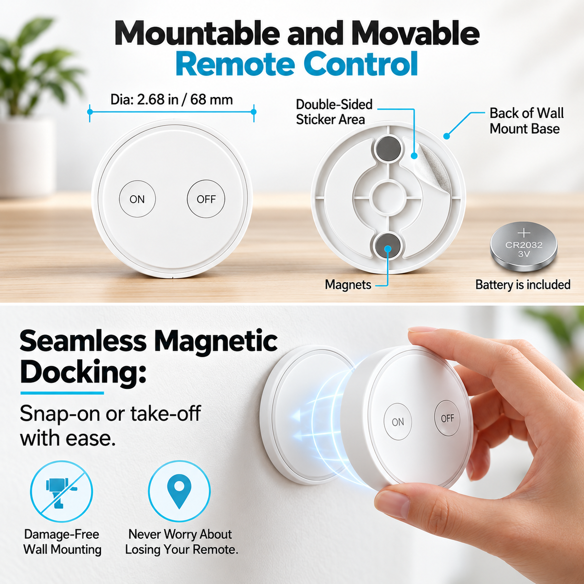 Mountable movable remote control dimensions magnets adhesive base and CR2032 battery