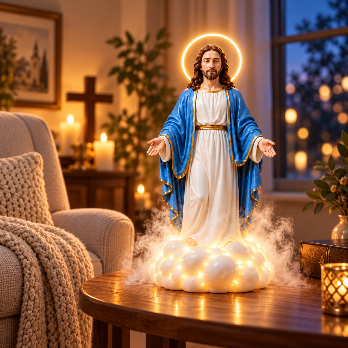 ✝️ Holy Mist Jesus Humidifier – Light-Up Christian Statue with Halo & Cloud Mis