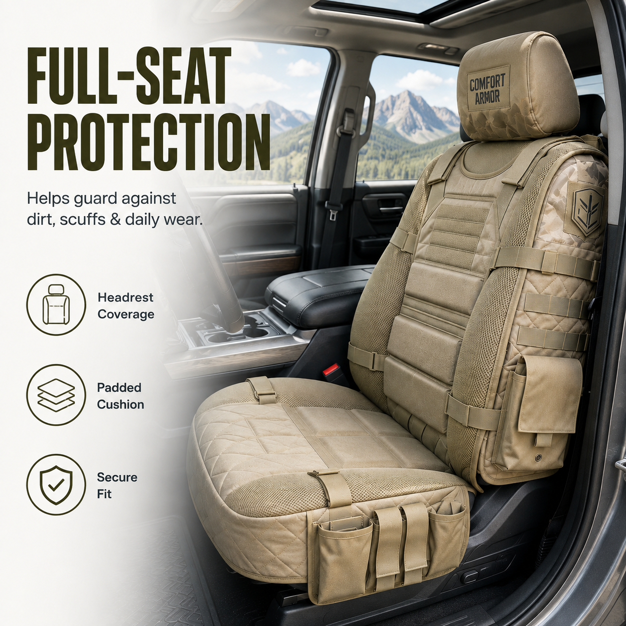 Full seat tactical protection covering headrest backrest and cushion