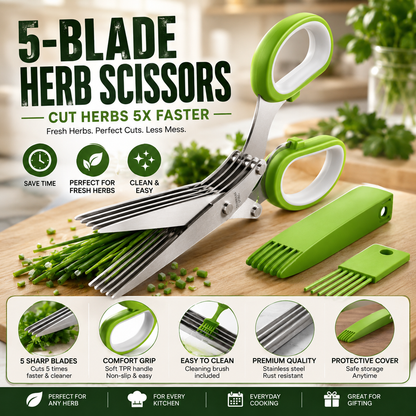 5-Blade Stainless Steel Herb Scissors with Cleaning Brush & Protective Cover
