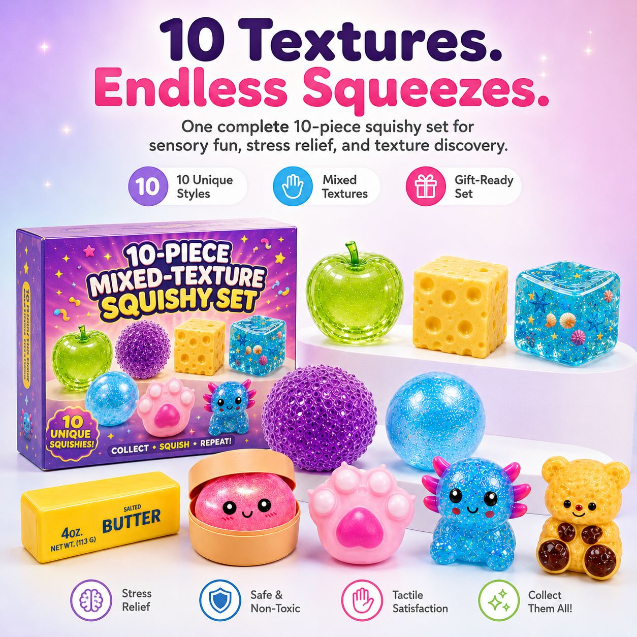 ✨ 10-Piece Mixed-Texture Squishy Set – Squeeze, Stretch & Discover the Fun!