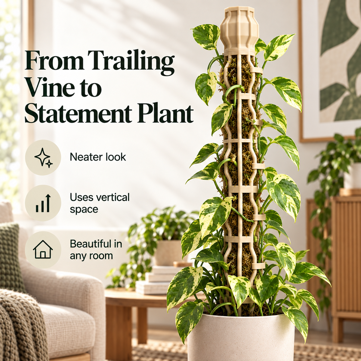 🌿 Stackable Climbing Plant Support Pole – Vine Clips, Moss Fill & Top Watering Design
