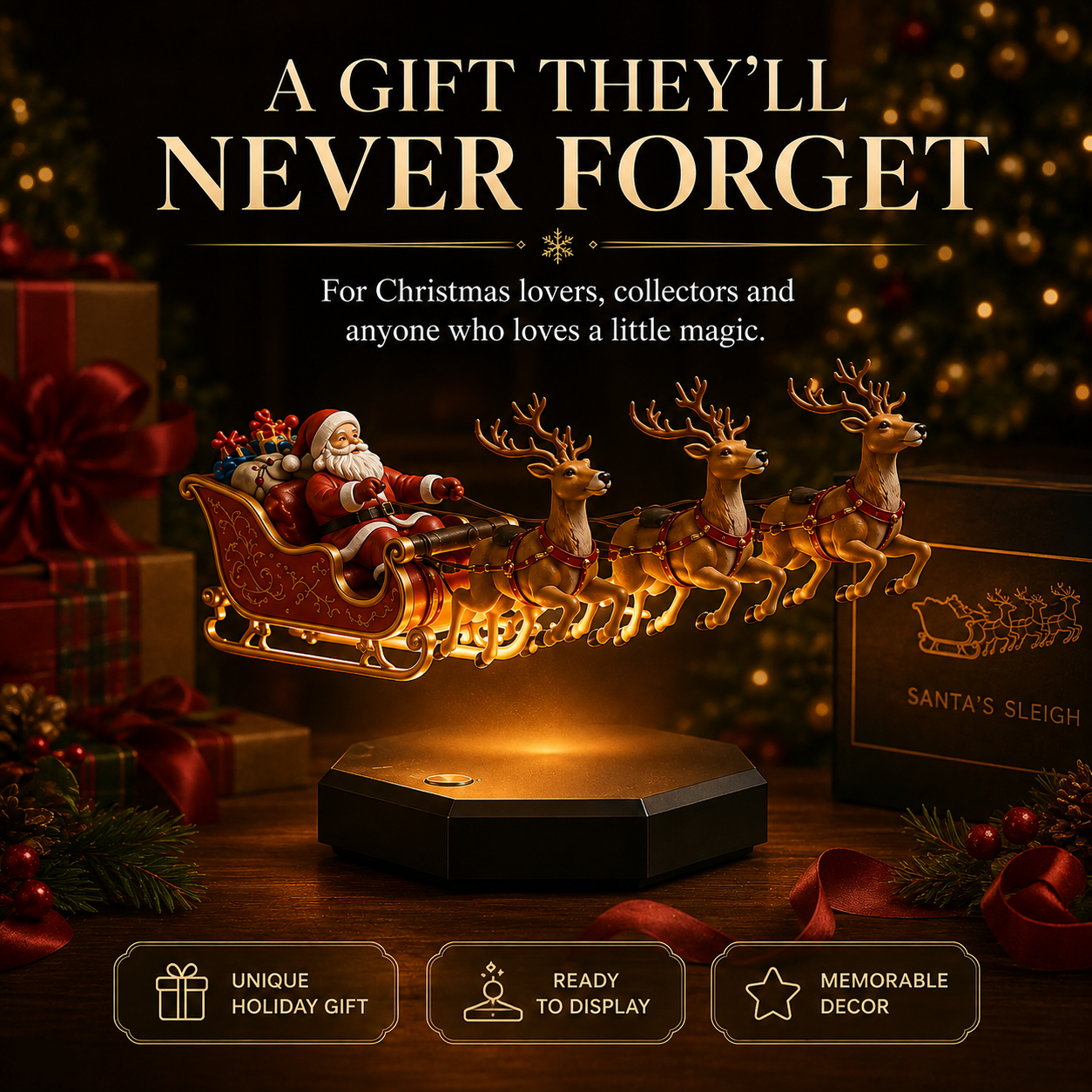 🎅 Floating Santa Sleigh with 4 Reindeer – Magnetic Christmas Centerpiece